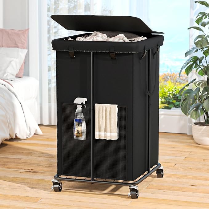 160L Laundry Hamper with Lid & Wheels, Rolling Laundry Basket with Bag | Sturdy Metal Frame | Laundry Bag with Handles| Large & Tall Clothes Hampers for Laundry Room, Bedroom, Dorm, Bathroom-Black