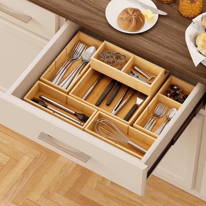 Lifewit Drawer Organizers 10 Pack(22 Grid) with 12 Inserts | Adjustable Bamboo Wooden Trays for Utensils, Silverware, Makeup, Kitchen, Bathroom, Office, Vanity Storage