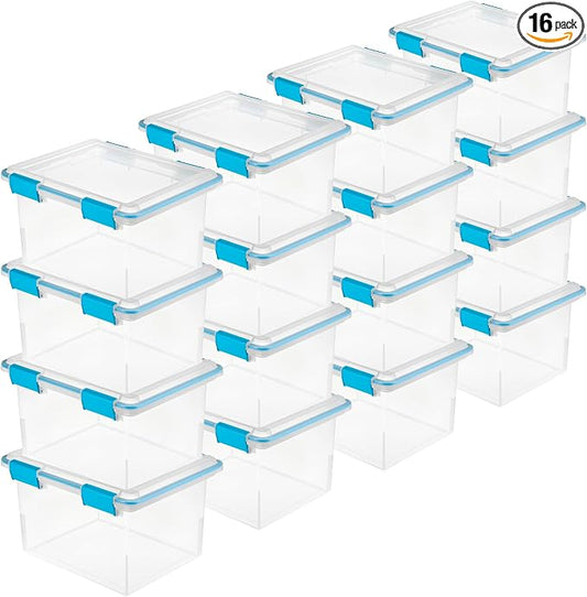 Sterilite Gasket Storage Box with Lids for Home & Office, 32 Quart, 16-Pack | Heavy-Duty, Stackable, and Organizing Containers for Bathroom, Cabinet, Closet, and Garage, Clear and Blue Aquarium Latches