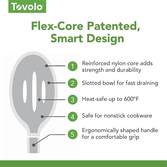Tovolo Flex Core Silicone Slotted Deep Spoon for Cooking Mixing Baking, Dishwasher Safe BPA Free All Silicone Kitchen Spoon Utensil Heat Resistant Nonstick Safe Slotted Serving Spoon, Oyster Gray