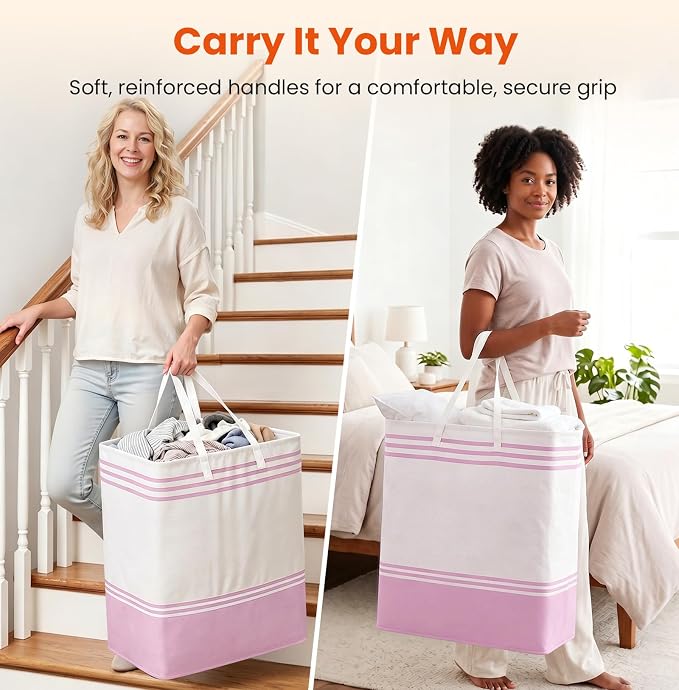 TranquilRelax 3-Pack Laundry Basket, Laundry Hamper, Pink-125L | Freestanding＆Water-Resistant Laundry Hamper, Collapsible Tall Clothes Hamper with Carry Handles for Clothes, Laundry Basket
