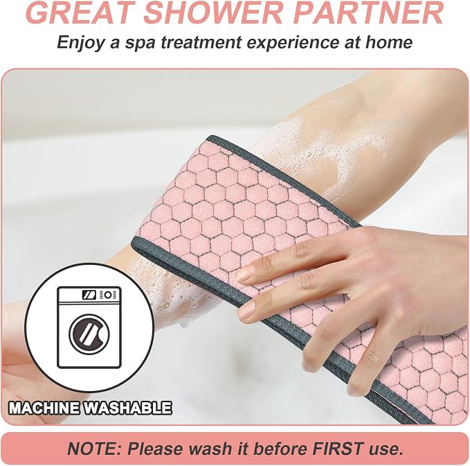 Exfoliating Back Scrubber for Shower, 38 Inches Back Washer with Handles, Exfoliating Washcloth Body Exfoliator Bath Tool to Scrub Your Body Deeply for Men & Women Exfoliation (Pink)
