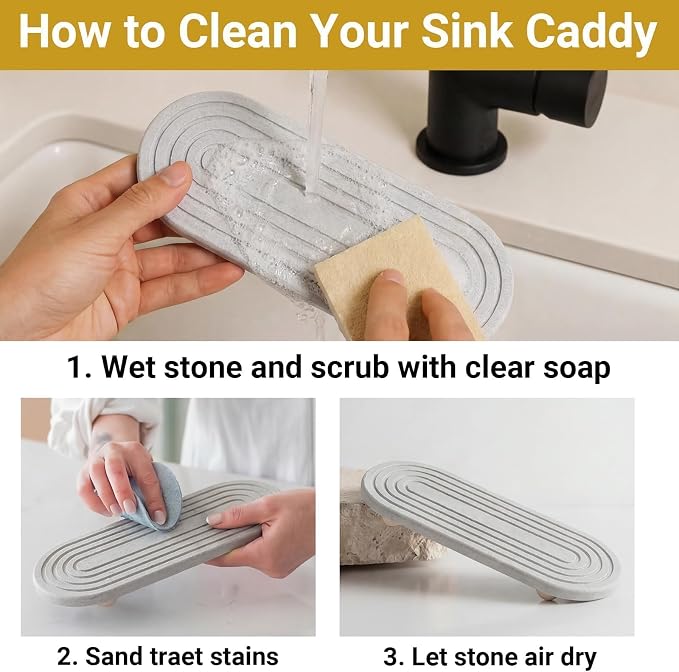 Instant Dry Stone Sink Tray, 11.8x3.9 Water Absorbing Diatomite Stone Tray for Sink with Wooden Feet, Sink Caddy Stone, Kitchen Sink Organizer (Light Grey)