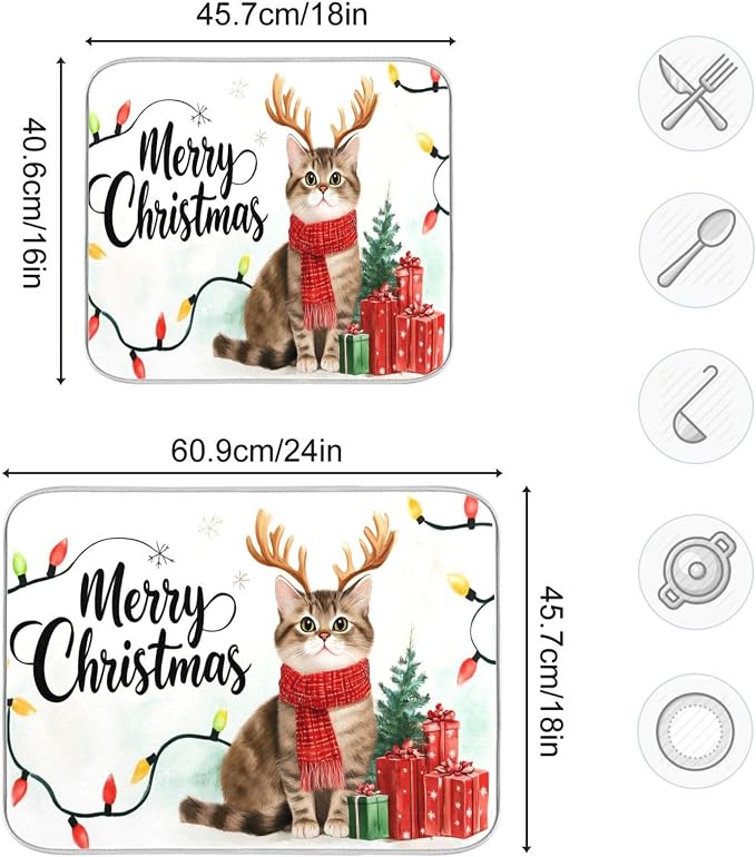 Merry Christmas Kitty Dish Drying Mat for Kitchen Countertop 16x18 Winter Cat Xmas Reindeer Small Drying Mat Reusable Quick Dry Dish Sink Mats Easy Clean Decorative Essentials