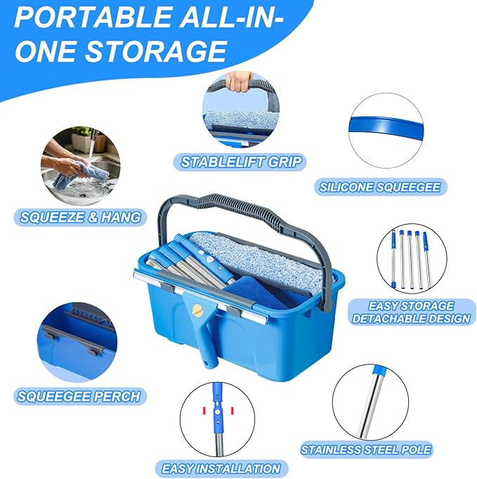 Professional Window Cleaning Kit with 76" Telescopic Pole, Bucket 3 Gallon,2PCS 15" Scrubbers, 2PCS 14" Squeegee, Scraper, Cloth & Sprayer, Window Cleaner Tool for Commercial, Home, Outdoor, Car