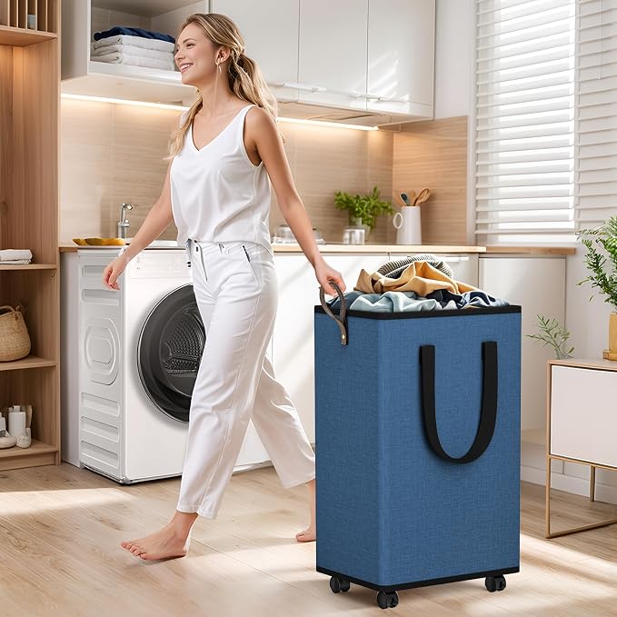 SpaceTrove Rolling Laundry Basket with Wheels, Laundry Hamper, 100L, Navy | Collapsible, 4 detachable wheels including 2 with brakes, sturdy handle, metal frame, for dorms, bathrooms and bedrooms