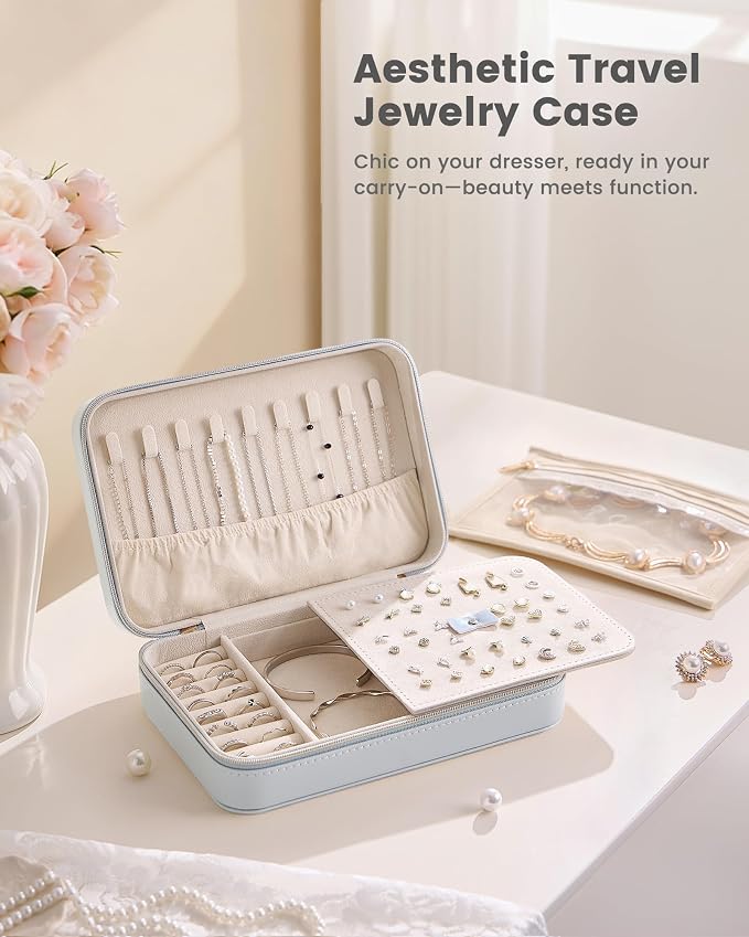 Lolalet Travel Jewelry Case for Women Girls, PU Leather Jewelry Organizer with Clear Storage Bag Small Portable Jewelry Box for Necklace Bracelet Earring Ring Birthday Bridesmaid Gifts -Large/Blue