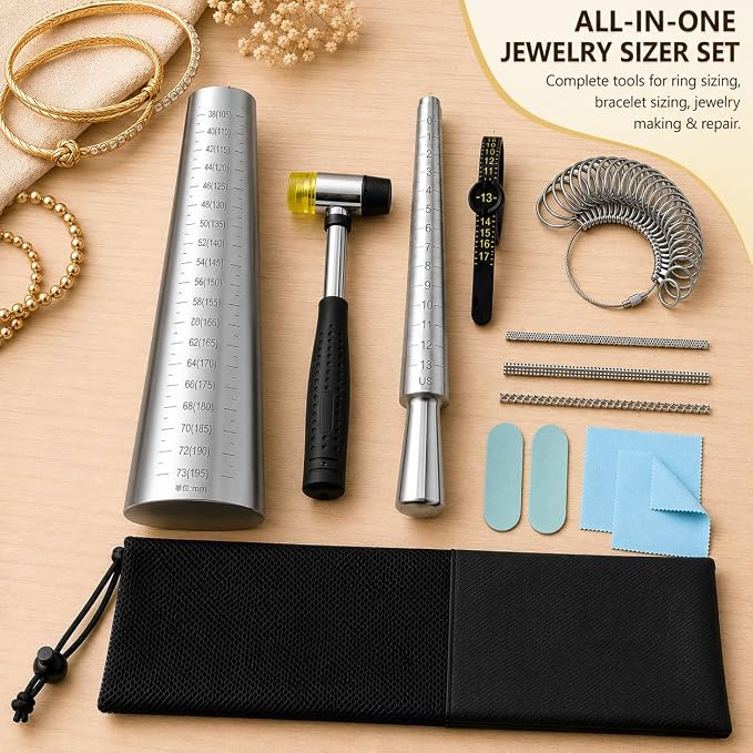 Ring Sizer Measuring Kit with Metal Ring Mandrel, Bracelet Sizer Mandrel & Rubber Mallet Hammer, Steel Jewelry Making Tools for Ring Sizing, Resizing, Repair and Bracelet Forming(12-Bracelet Sizer)