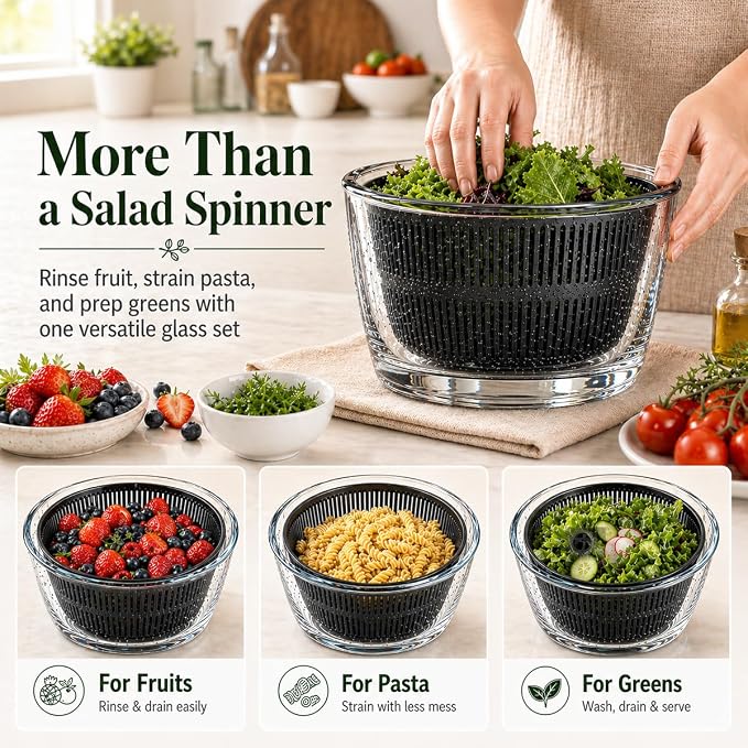 Large 5.2 Qt Glass Salad Spinner with Drain,Black | Microwave- and Dishwasher-Safe Glass Bowl, Transparent Lid, Crank Handle, Quick-Spin Salad Cleaner for Lettuce, Herbs & Fruit