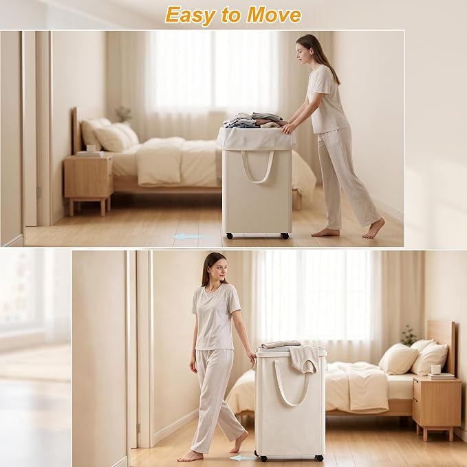 efluky Slim Laundry Hamper with Wheels and Removable Bag, Rolling Laundry Basket for Clothes, Small Laundry Basket for Bedroom, Dorm and Laundry Room, 75L (19.8 Gallons) Beige