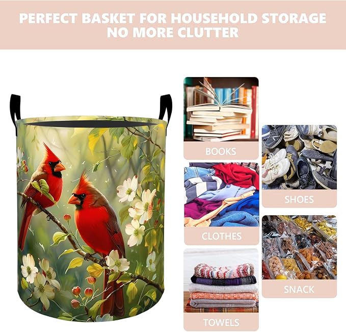 Red Cardinal Bird Laundry Basket Hamper 19.7"x15.8", Organizer Bins Gifts for Kids Boys Girls, Wildlife Foldable Waterproof Oxford Clothes Storage Bucket for Bedroom Bathroom Decor