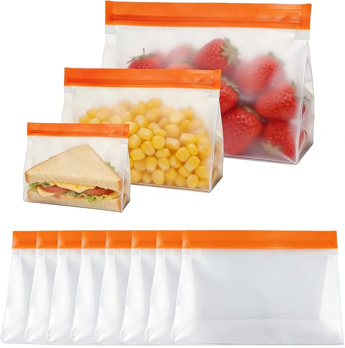 PABCK 9Pcs Reusable Silicone Produce Freezer Bags Self Seal Orange 3S+3M+3L | Stand Up Freezer Food Storage Bags Leakproof Resealable Bag for Sandwich Smell Proof Fridge Organization for Lunch Travel