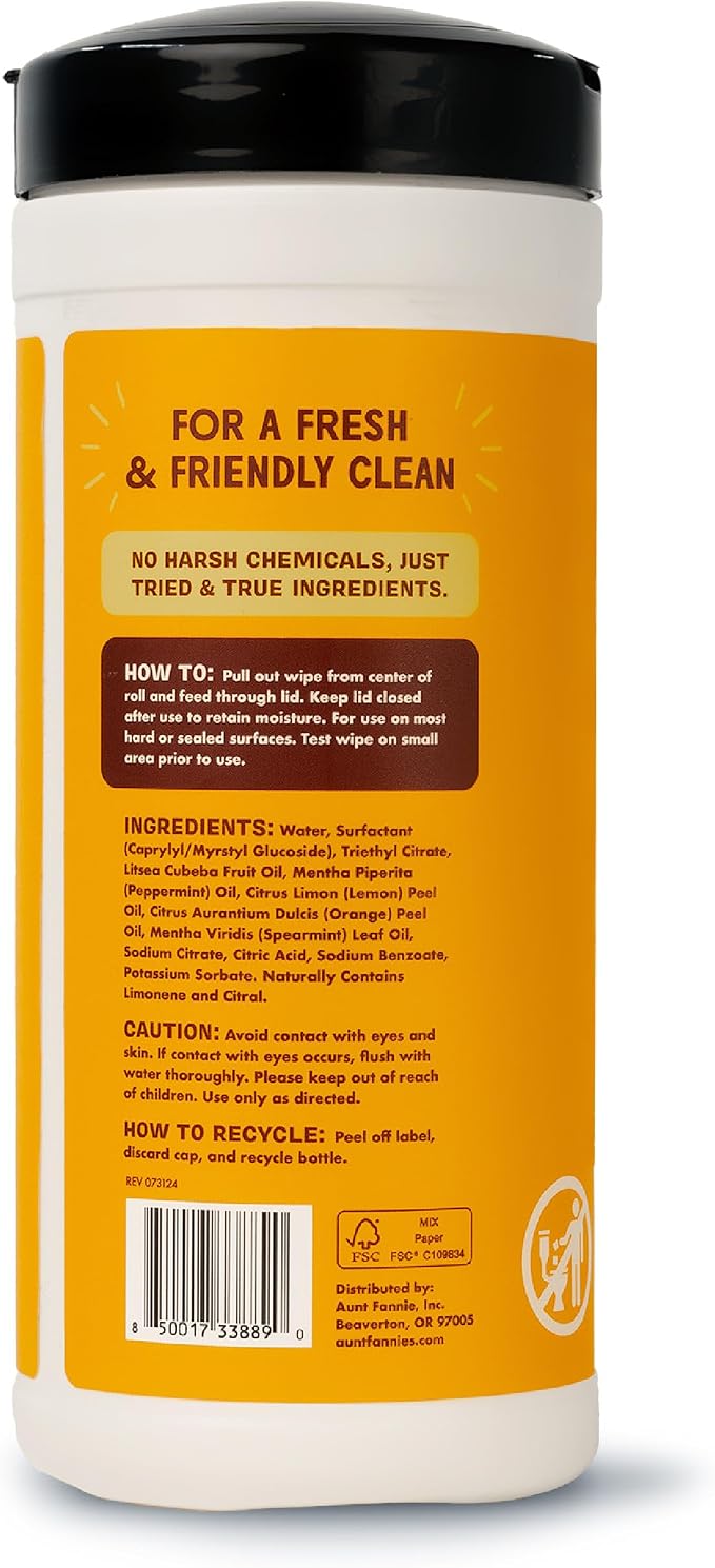 Aunt Fannie's Wood Surface Cleaning Wipes, Multipurpose Wood Surface Cleaner for Cabinets, Furniture, and Floors, Lemon Scent, 35 Count (Pack of 1)