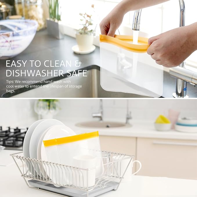 10 Pack Reusable Gallon Freezer Bags, Orange | Dishwasher Safe Silicone Food Snack Storage Bags with 3 Sizes for Snack, Sandwich, Lunch