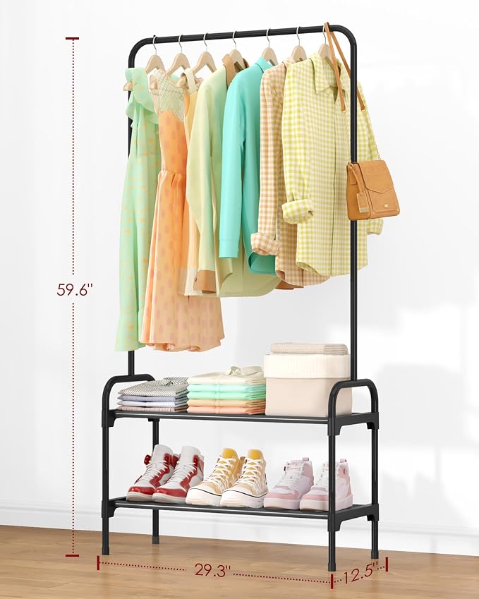 Sakugi Clothes Rack - 29.3" × 12.5" × 59.6" Clothing Rack and Shoe Rack with Anti-Slip Stopper, Large Capacity Rack with 2-Tier Shoe Organizer, Clothes Organizer for Bedroom, Entrance, Laundry, Black