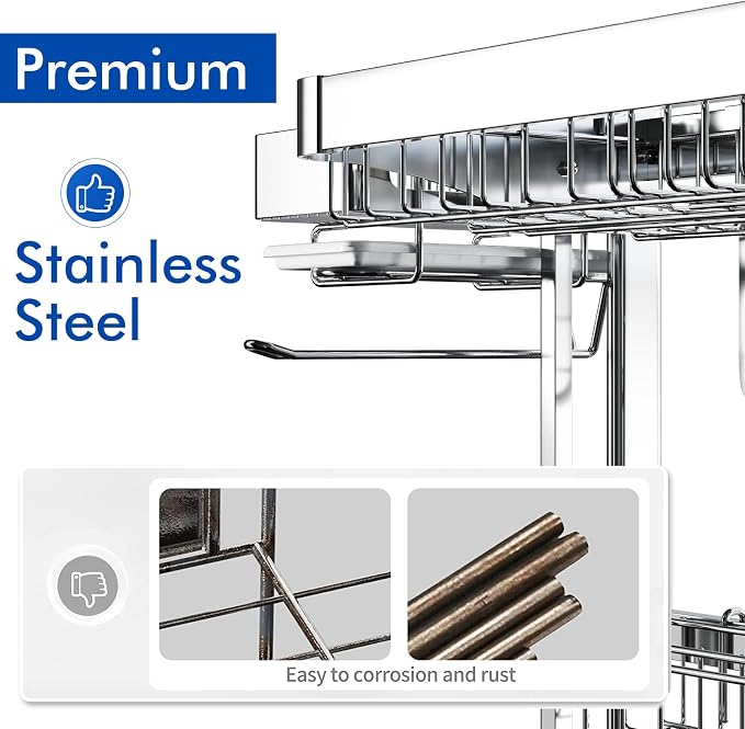 LIVOD Over The Sink Dish Drainer Drying Rack, 2 Tier Full Stainless Steel Storage Adjustable Length Kitchen Rack, Multifunctional Expandable Counter Organizer, Space Saver Dish Rack
