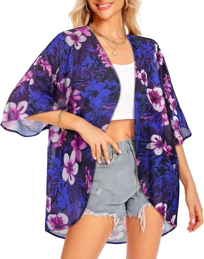 Women Kimono Cardigans Summer Cover Up Hawaiian Shirts Floral Print Tops | ROSEMIA chiffon kimono open front cardigans, beach cover ups, daily casual tops, cruise outfits, summer resort wear