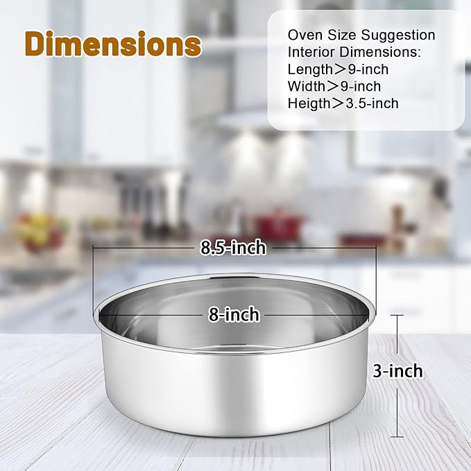 P&P CHEF 8 Inch Cake Pans Set, Round Baking Pan Stainless Steel Layer Birthday Wedding Cake Oven Pans, Non Toxic & Heavy Duty, Deep Side & Mirror Finish, Dishwasher Safe, (3Pcs)