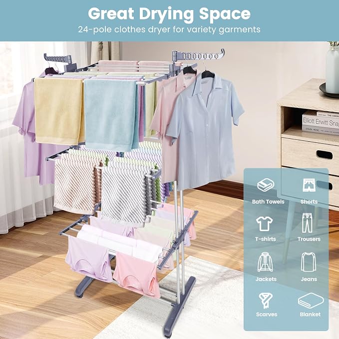 Heavy Duty Clothes Drying Rack, 4-Tier Foldable Laundry Drying Rack 70" Tall, Freestanding Stainless Steel Drying Rack with Collapsible Base & 24 Hanging Rods for Clothing, Bed Linens, Towels - Gray