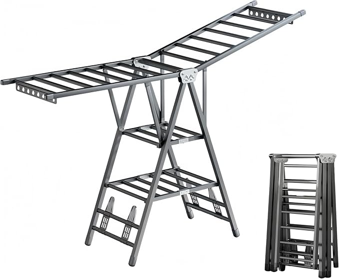 71" Foldable Clothes Drying Rack, Heavy Duty Laundry Drying Rack with Wheels, 3-Level Large Standing Clothes Rack, No Assembly Required Rust-Proof Carbon Steel for Indoor/Outdoor