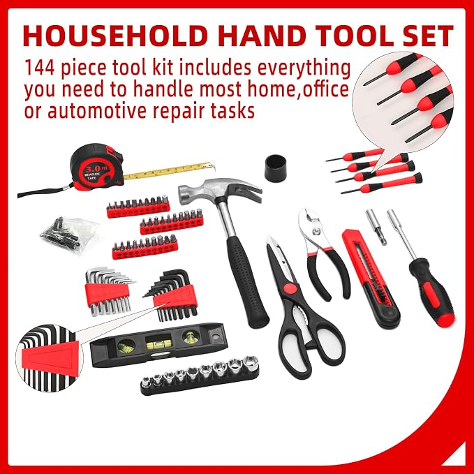 144-Piece Red Home Tool Set, Household Hand Kit with Plastic Toolbox | Basic repair tools for women & college students, all-purpose dorm set for home, apartment, office & daily household DIY use
