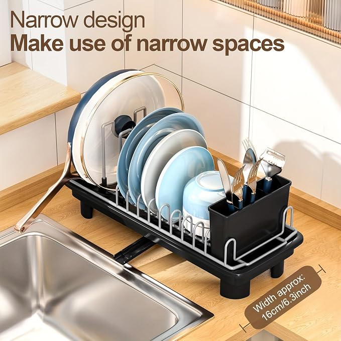 Compact Dish Drying Rack for Countertop, Small-Sized for Dorms, RVs & Tiny Kitchens, Auto-Drain, Adjustable Slots, Rust-Resistant with Utensil Caddy & Sponge Holder (White)