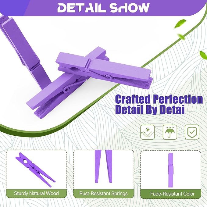 100 Pcs Purple Clothes pins - 2.9 Inch Wooden Clothespins Cheer Clips | Vibrant for Crafts Classroom Decorations Clothing Pictures Laundry Solid Wood No Splinters Fade‑Proof