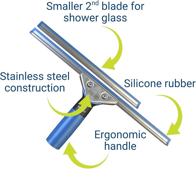 Professional Squeegee - Premium Quality Silicone Rubber Blades with Ergonomic Handle for Streak-Free Cleaning - Perfect for Windows, Shower Doors, and Railings