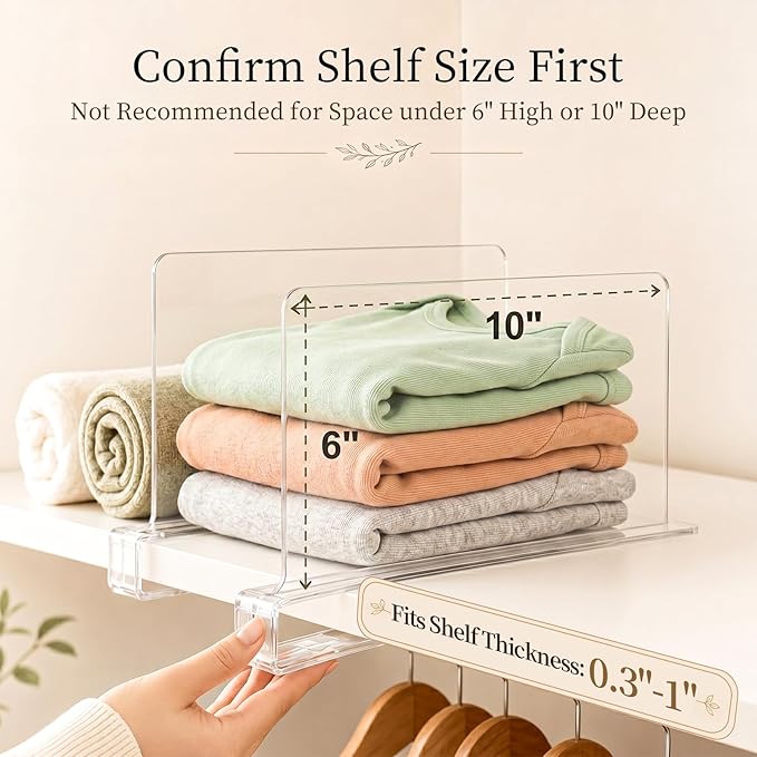 SortNStore Shelf Dividers Purse Organizer for Closet: 6-inch Tall(Shorter Version) Acrylic Handbag Organizer - Small Space Separator for Clutches Evening Bags Pouches Mini-Bags on Wood Shelves 4-Pack