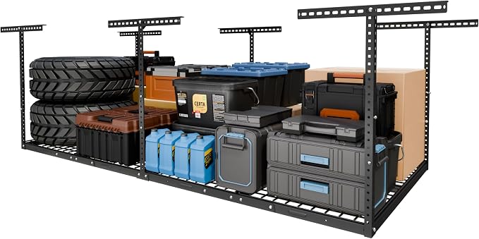FLEXIMOUNTS 4x8 Overhead Garage Storage Rack, Adjustable Organization System, Heavy-Duty Metal Ceiling Racks, 750lbs Weight Capacity, Hammertone, Classic Series