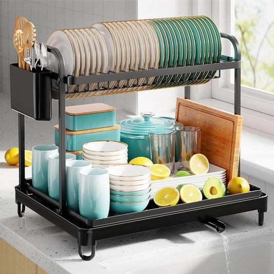 Sakugi Dish Drying Rack 2-Tier 16.7" x12.7" x15.8" Black Double Rod | Kitchen, Sink Counter, Stainless Steel, Counter Top, Utensil Holders, Cutlery Holder, for Small Family, Easy to Clean