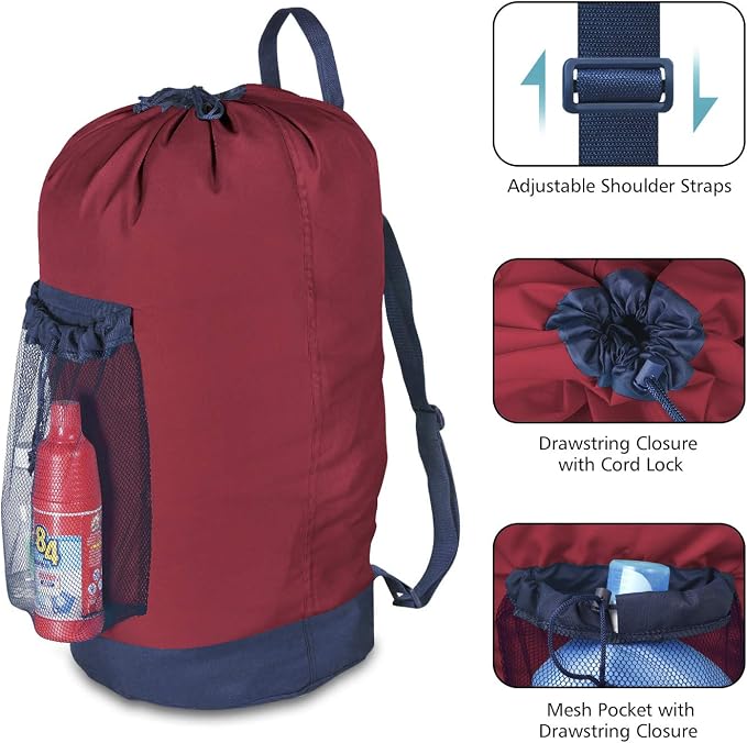 Backpack Laundry Bag, Laundry Backpack with Shoulder Straps and Mesh Pocket Durable Nylon Clothes Hamper Bag with Drawstring Closure Red