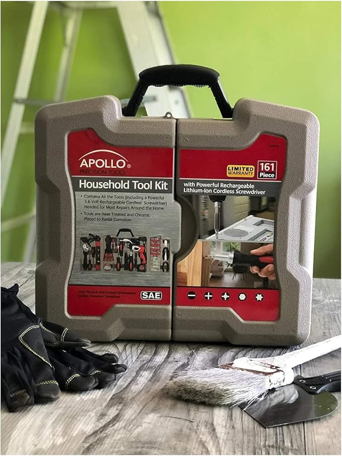 Apollo Tools 161-Piece Complete Household Tool Set with 3.6 Volt Lithium-Ion Cordless Screwdriver and Most Needed Hand Tools Selection for Boats, Vehicle and Garage - Red - DT0739