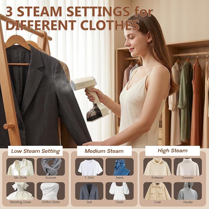 Cadrim Steamer for Clothes,Portable Handheld Fabric and Garment Steamer Iron Press Wrinkle Remover with Lint Remover & Fabric Brush – White