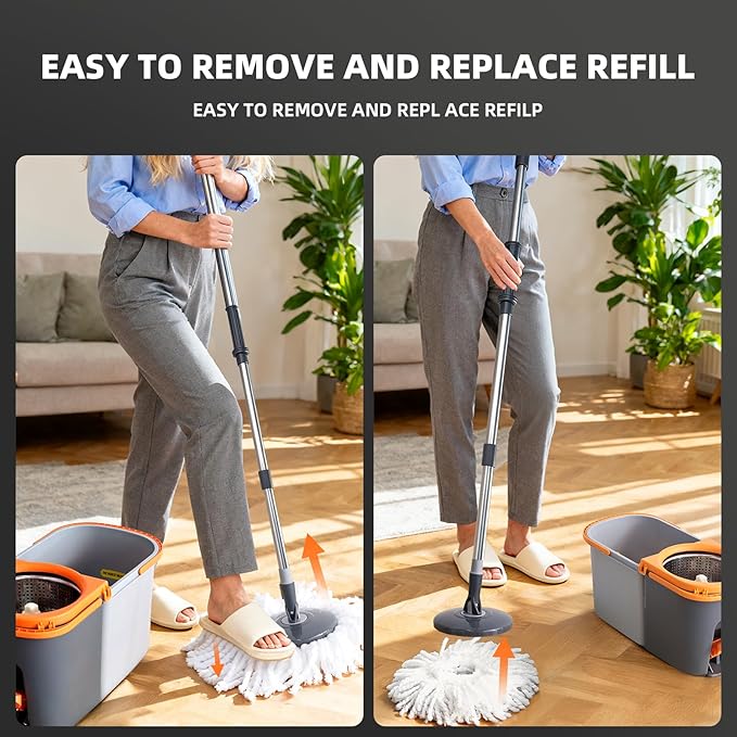 Spin Mop and Bucket Set,Detachable Double Buckets Separate Dirty Water with Stainless Steel Wringer for Floor Cleaning,Cleaning Buckets with 4 Mop Head Replacements for Household Use
