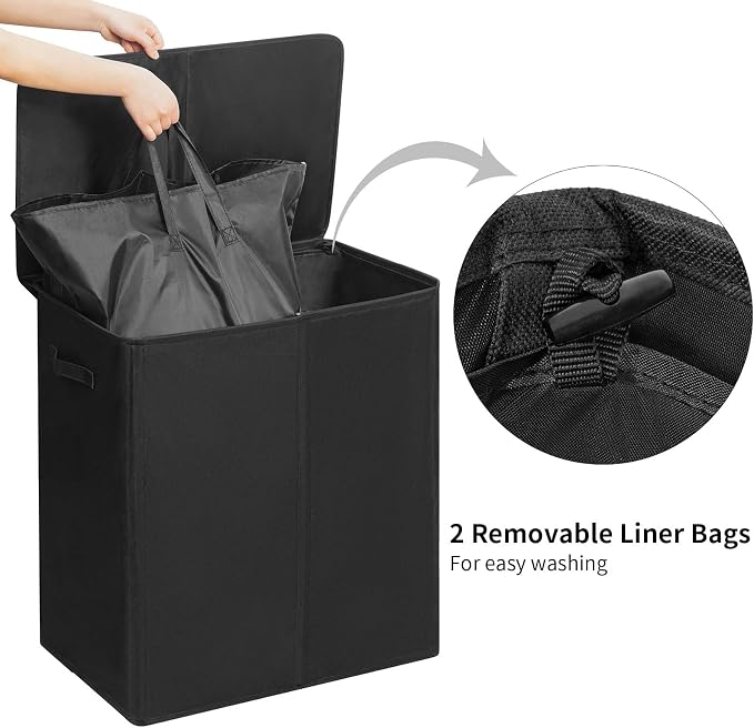 WOWLIVE 140L Double Laundry Hamper 2 Section with Lid and Removable Bags | Divided Laundry Basket, Large Dirty Clothes Hamper with Handle, Collapsible Laundry Storage for Dorm Room, College, Black