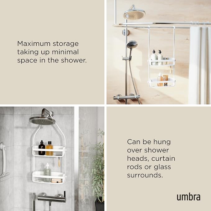 Umbra Flex Hanging Shower Caddy with 2 Shelves, Bathtub Shelf and Bathroom Organizer, White