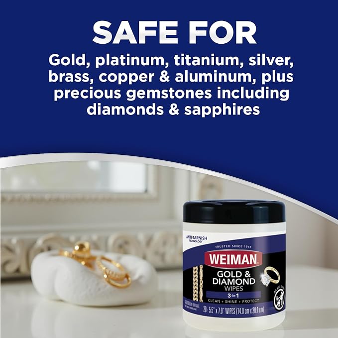 Weiman Gold & Diamond 3-in-1 Wipes - The Premium Jewelry Cleaner, Removes Tarnish and Dirt, Restores & Protect Sparkle and Shine, Easy-to-Use Wipes, Safe for Silver, Platinum, Gemstone, Titanium