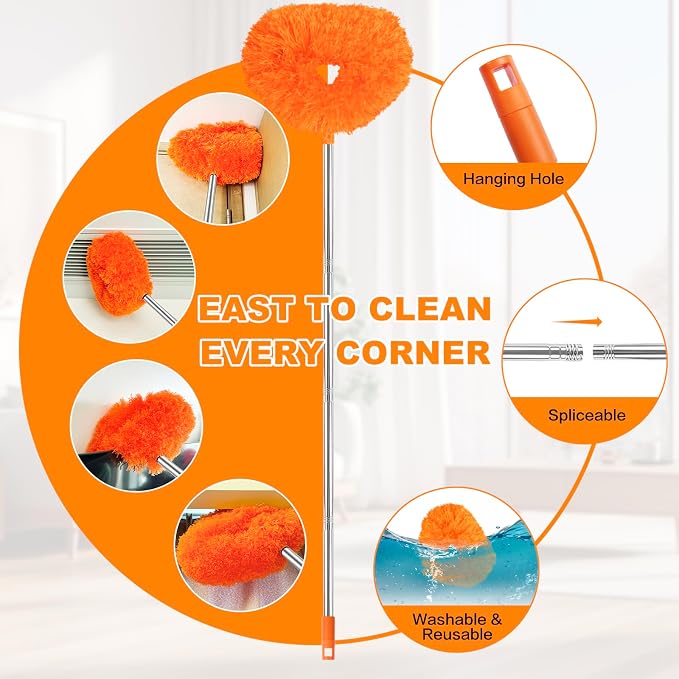 Ceiling Fan Cleaner Duster Reusable Microfiber Ceiling Fan Blade Cleaner Removable Duster with Extension Pole Adjusts 13 to 49.7 Inch for Cleaning Walls Bookshelves Furniture Door Window Top (Orange)