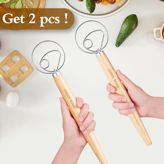 2 Pack Danish Dough Whisk Hook Sourdough Bread Baking Supplies Starter Kit | 13.5 Inches; Quick Hand Mixing Tool; Wooden Handle Stainless Steel Loop; Easy Clean; Diswasher Safe; for Batter Pastry Flour