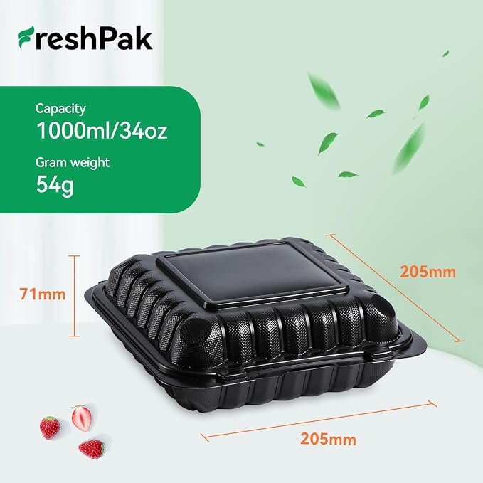 55-Pack 8x8 34oz Meal Prep Containers - Shrink Wrap Ready to Use | Heavy Duty Clamshell To-Go Boxes | BPA-Free & Stackable | Microwave, Freezer & Dishwasher Safe for Leftovers, Catering