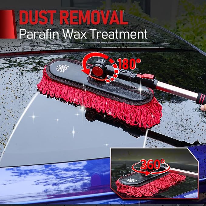 Car Duster Set, Loop End, 3 Pcs | Telescoping pole for truck exterior. Traps pollen without water; do not wash. Interior dash brush & storage bag included.