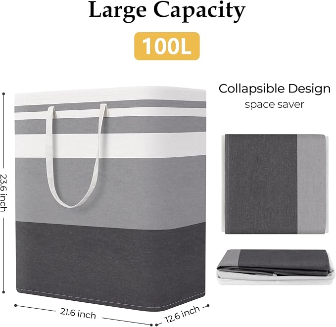 StorageRight Laundry Basket Hamper, 100L Collapsible Clothes Storage, Grey | Freestanding Clothes Hampers, Foldable design, with Easy Carry Handles, For Laundry, Bedroom, Dorm, Clothing, Towels, Toys