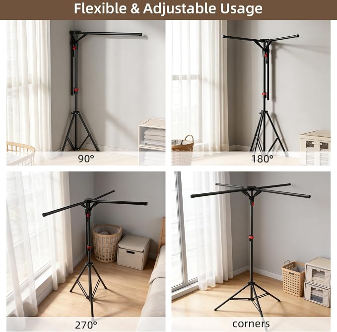 Clothes Drying Rack Foldable, Adjustable Height with Fold Button | Stable Tripod Base, Rust-Resistant, Quick Fold Button, Independent Rod Adjustment, Fits 90°/180°/270° Corners
