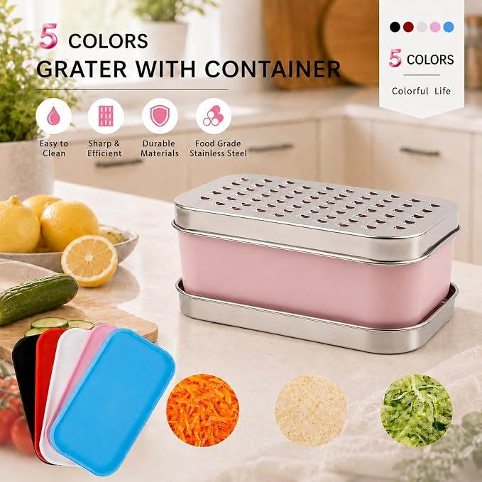 Cheese Grater with Storage Container, Box Grater Stainless Steel for Vegetables, Cheese Shredder 2 Sharp Blades for Fine & Coarse, Non-Slip Base, Lemon Zester, Includes Cleaning Brush (Pink)