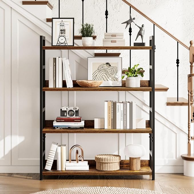NUMENN Wide Bookshelf, 4 Tier Freestanding Shelving Unit, Vintage | Metal Frame & Wood Shelves, Falling Prevention Baffle, Open Storage Bookcase for Bedroom, Living Room & Home Office