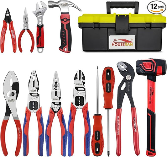 12-Piece Household Hand Tool Set with Toolbox – Heavy Duty CRV Pliers, Adjustable Wrench, Rubber Mallet & Claw Hammer for Home, Garage, Automotive & DIY Projects