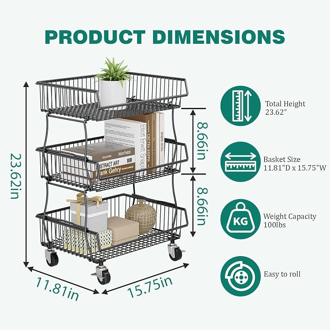 Giwil 3-Tier Rolling Pantry Organizers Fruit Vegetable Storage Basket Cart | 23.62"H under pantry shelf, metal frame, extra standing feet, kitchen produce wire basket for snack fruit onion potato, black