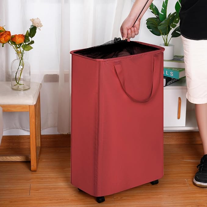 efluky Slim Laundry Hamper with Wheels, Rolling Laundry Basket for Clothes, Small Laundry Basket for Bedroom, Dorm and Laundry Room, 75L (19.8 Gallons) Red
