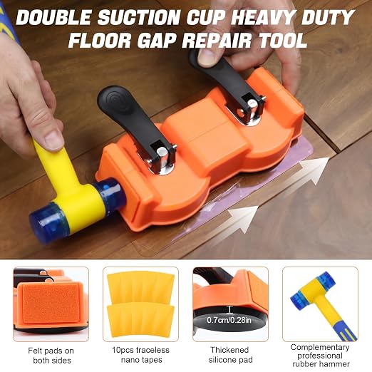 Floor Gap Fixer Tool with Dual Vacuum Suction Cups,Tool to Fix Floor Gaps | Floor Suction Repair Tool with Noise Reducing Felt Pads,Rubber Mallet &10 Adhesive Pads for Fixer Laminate,Hardwood Flooring